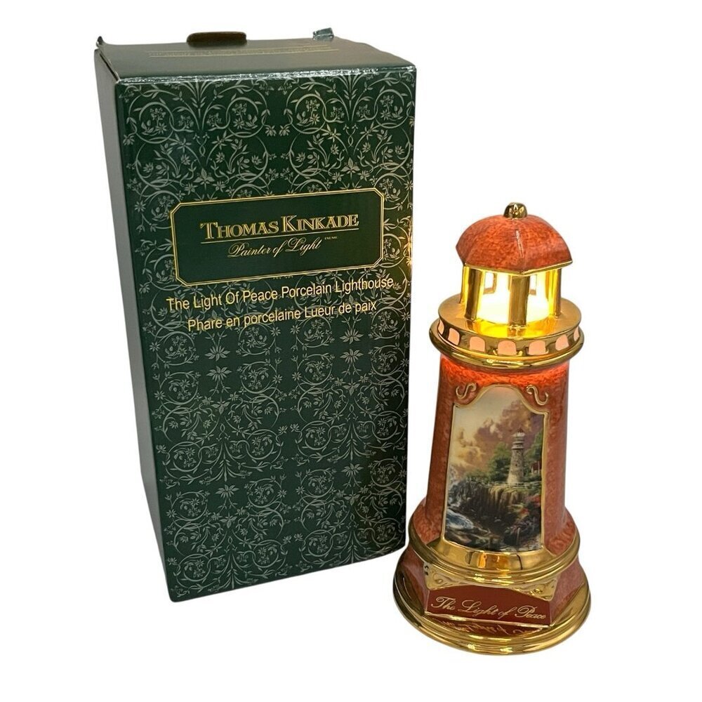 Thomas Kinkade Light of Peace Light Up Porcelain Lighthouse Figurine 2004 Vtg
